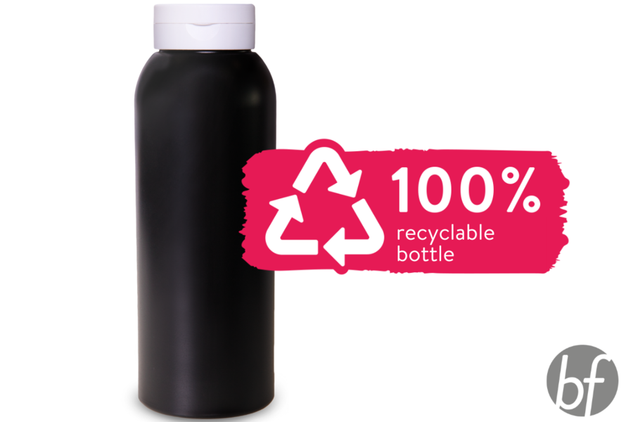 black plastic bottle, 100% recycable